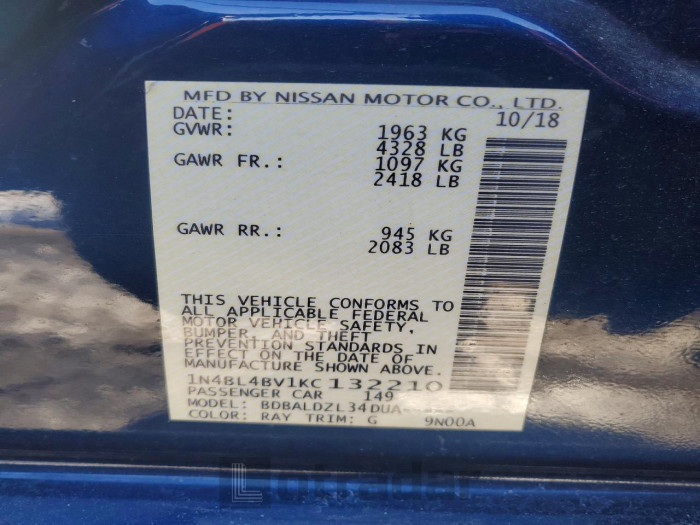 Nissan Altima 2019 VIN 1N4BL4BV1KC132210