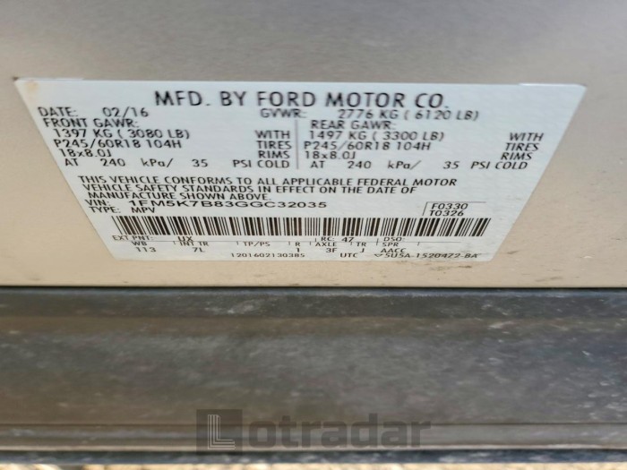 Ford Explorer 2016 VIN 1FM5K7B83GGC32035