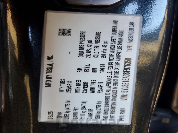 Tesla Model 3 2025 VIN 5YJ3E1EA3SF976350