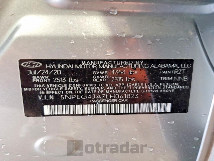 Hyundai Sonata 2020 VIN 5NPEG4JA7LH061823