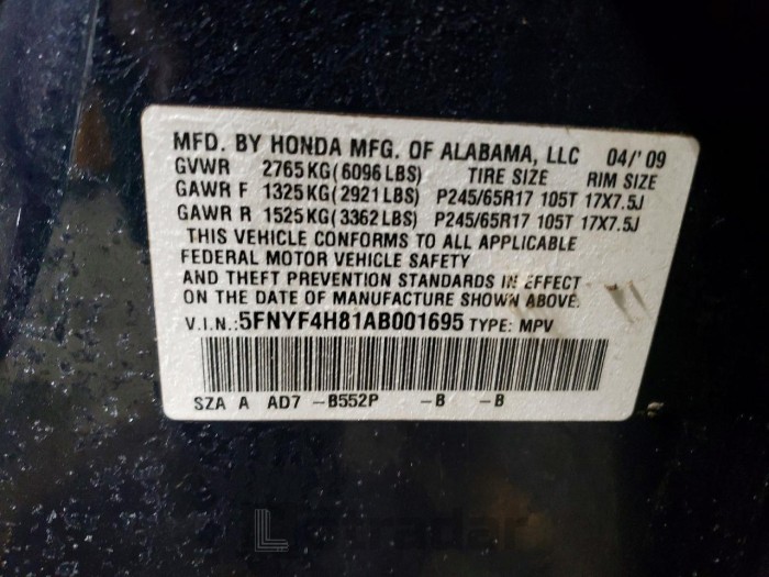 Honda Pilot 2010 VIN 5FNYF4H81AB001695
