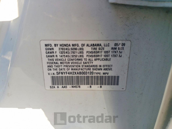 Honda Pilot 2010 VIN 5FNYF4H2XAB003120
