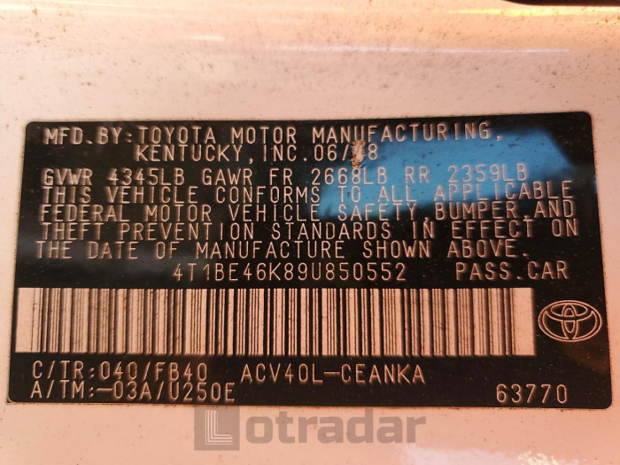 Toyota Camry 2009 VIN 4T1BE46K89U850552