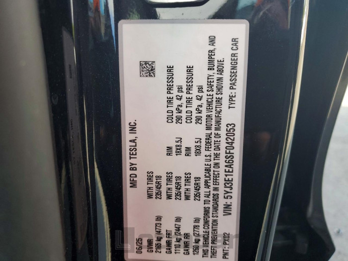 Tesla Model 3 2025 VIN 5YJ3E1EA6SF042053