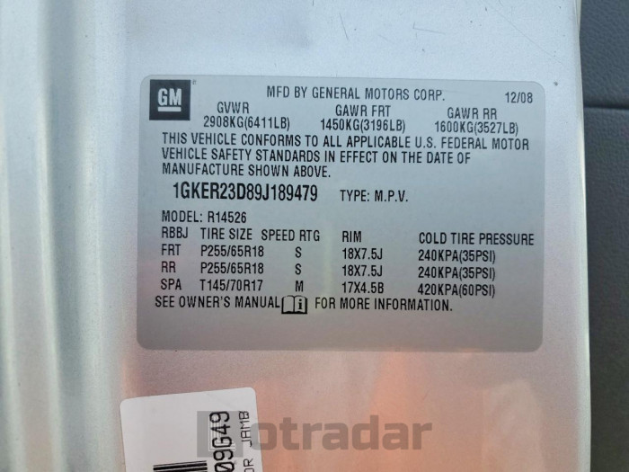 Gmc Acadia 2009 VIN 1GKER23D89J189479