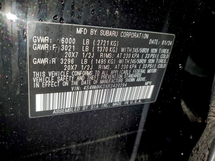 Subaru Ascent ony 2024 VIN 4S4WMAKDXR3420294