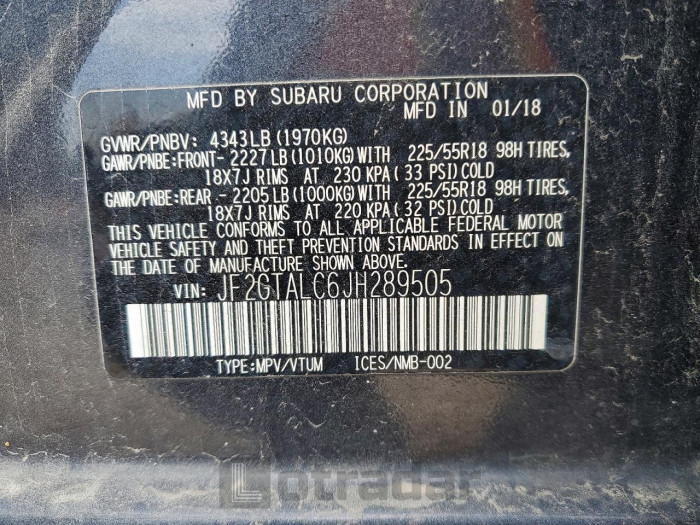 Subaru Crosstrek 2018 VIN JF2GTALC6JH289505