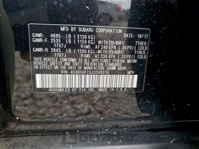 Subaru Outback 2018 VIN 4S4BSAFC9J3249516