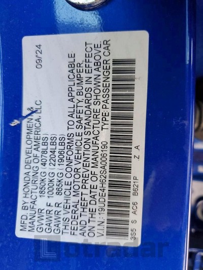 Acura Integra a- 2025 VIN 19UDE4H62SA006190