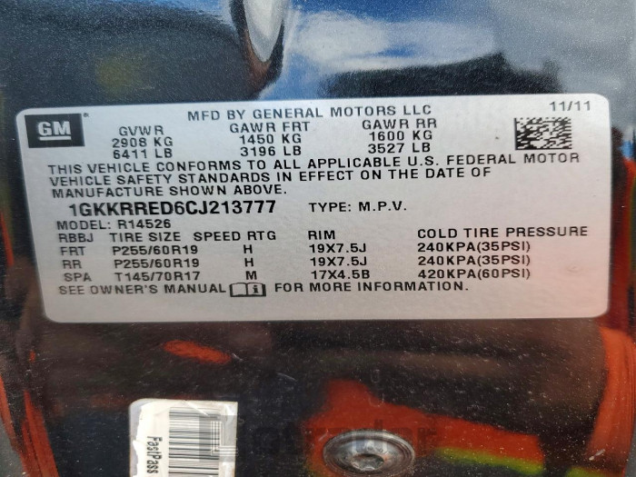 Gmc Acadia 2012 VIN 1GKKRRED6CJ213777