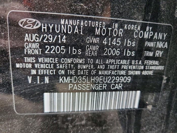 Hyundai Elantra 2014 VIN KMHD35LH9EU229909