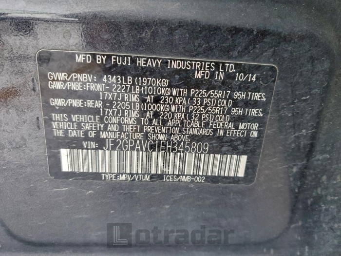 Subaru Xv 2014 VIN JF2GPAVC1EH345809