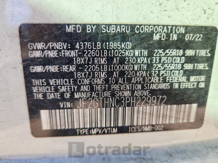 Subaru Crosstrek 2023 VIN JF2GTHNC3PH229972