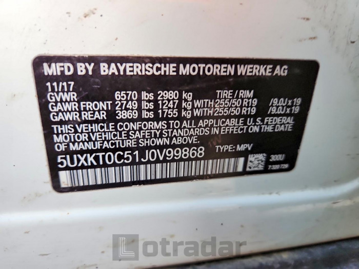 BMW X5 2018 VIN 5UXKT0C51J0V99868