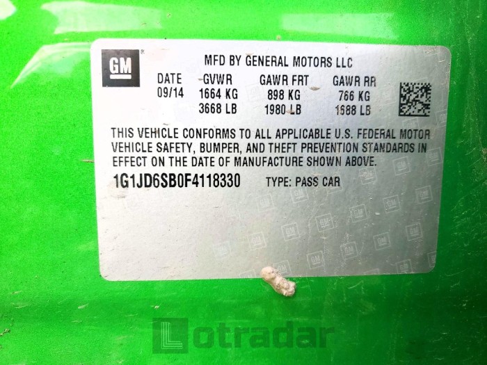 Chevrolet SONIC 2015 VIN 1G1JD6SB0F4118330