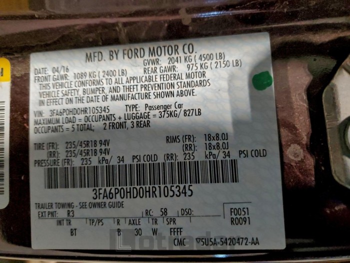 Ford Fusion 2017 VIN 3FA6P0HD0HR105345
