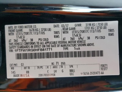 Ford F150 2017 VIN 1FTFW1RG0HFB81771