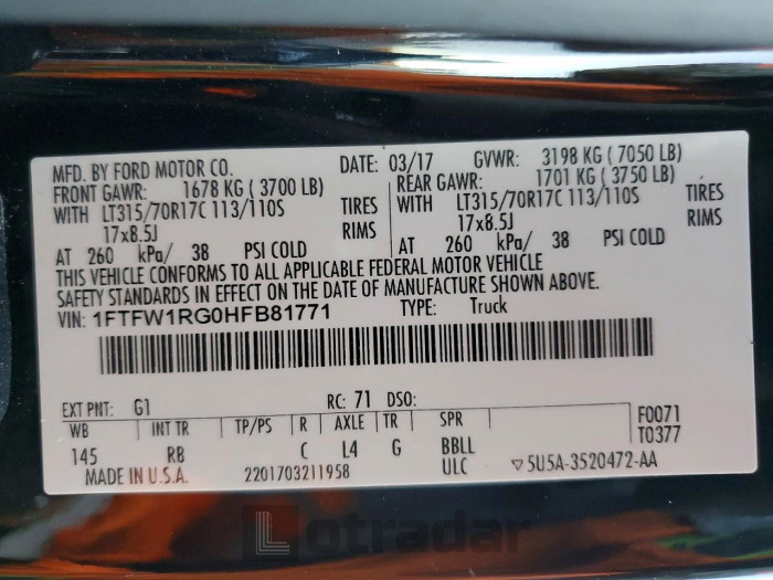 Ford F150 2017 VIN 1FTFW1RG0HFB81771