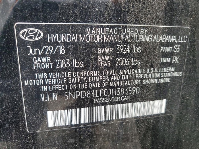 Hyundai Elantra 2018 VIN 5NPD84LF0JH383590