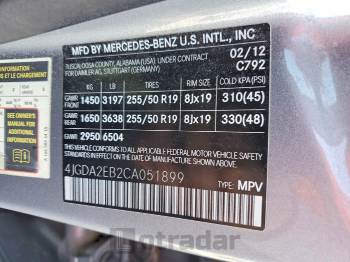 Mercedes-benz M-class 2012 VIN 4JGDA2EB2CA051899