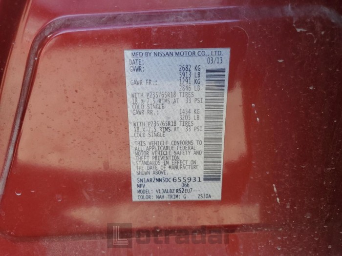 Nissan Pathfinder 2013 VIN 5N1AR2MN5DC655931