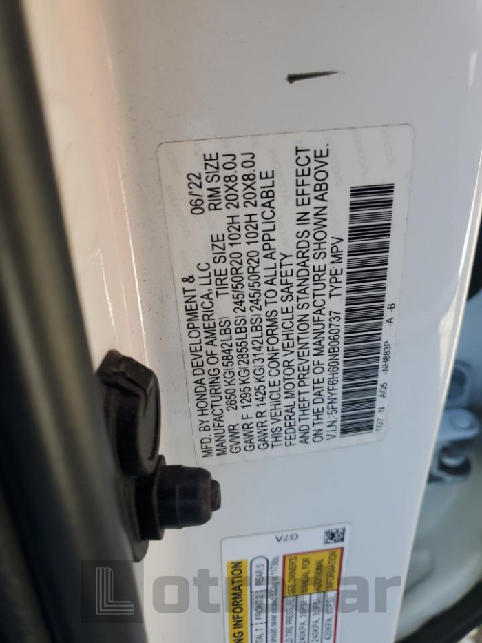Honda Pilot 2022 VIN 5FNYF6H60NB060737