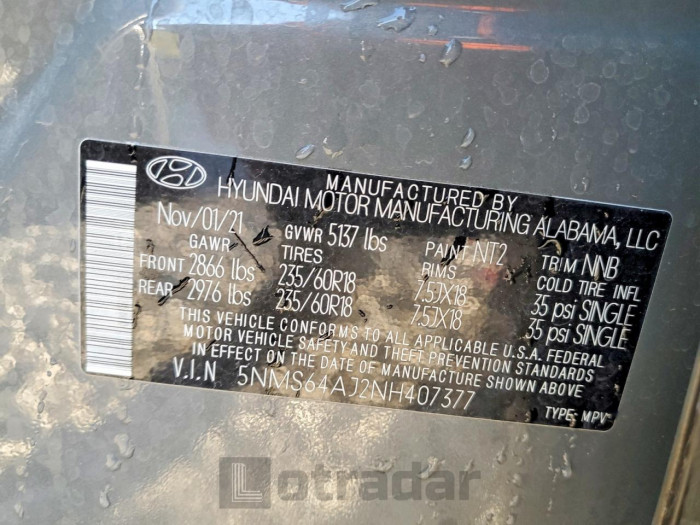 Hyundai Santa fe 2022 VIN 5NMS64AJ2NH407377