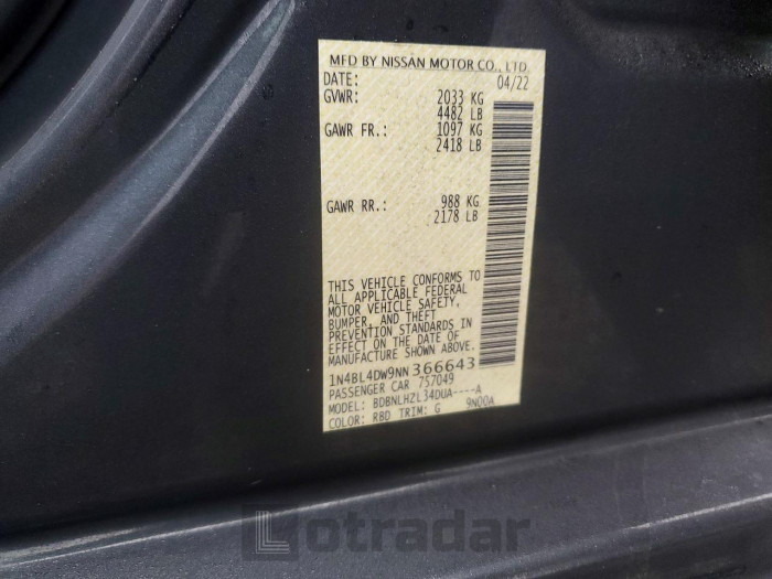 Nissan Altima 2022 VIN 1N4BL4DW9NN366643
