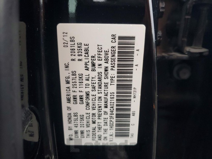 Honda Accord 2012 VIN 1HGCP3F84CA021635