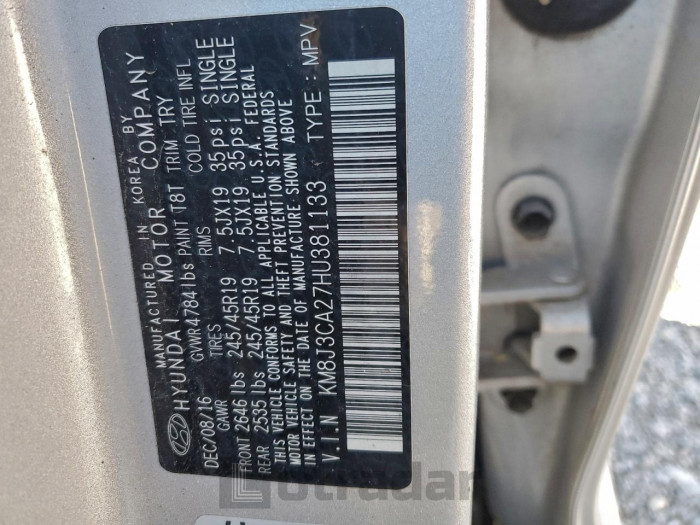 Hyundai Tucson 2017 VIN KM8J3CA27HU381133