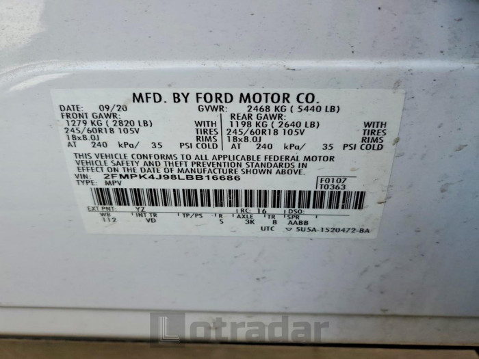 Ford Edge 2020 VIN 2FMPK4J98LBB16686
