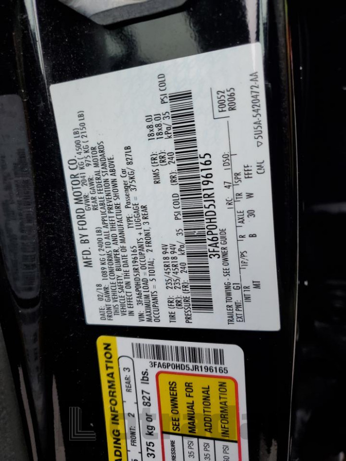 Ford Fusion 2018 VIN 3FA6P0HD5JR196165