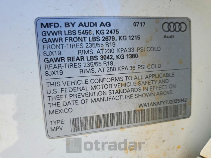 Audi Q5 2018 VIN WA1ANAFY7J2025342