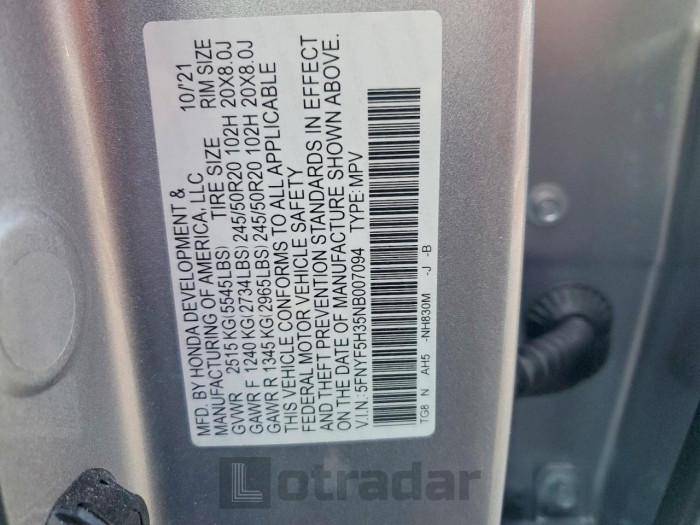 Honda Pilot 2022 VIN 5FNYF5H35NB007094
