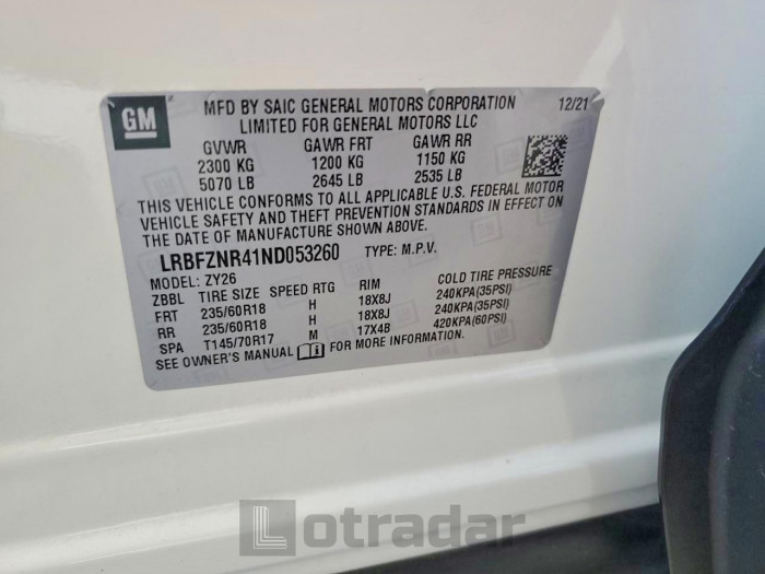 Buick Envision 2022 VIN LRBFZNR41ND053260