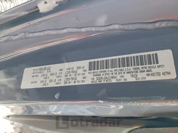 Ram All models 2020 VIN 3C6URVJG4LE140541