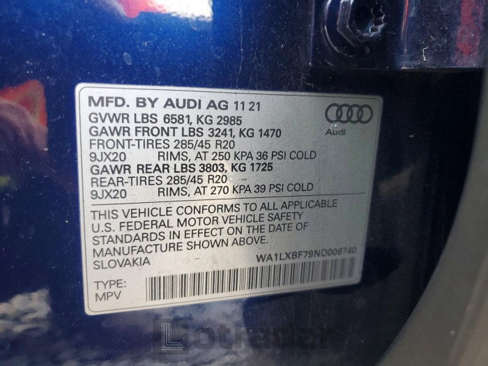 Audi Q7 2022 VIN WA1LXBF79ND006740
