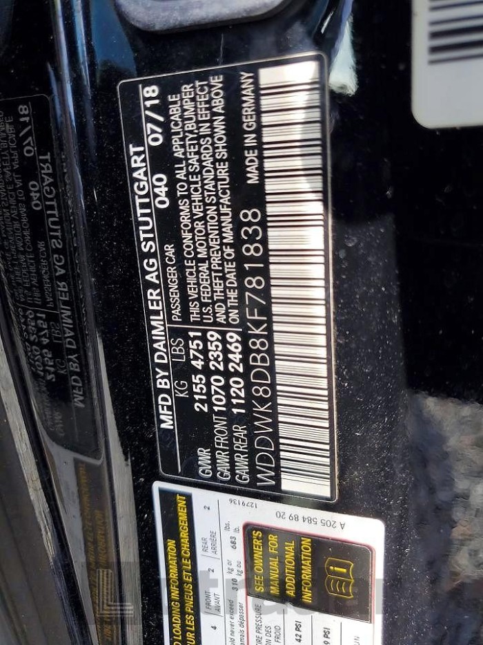 Mercedes-benz C class 2019 VIN WDDWK8DB8KF781838