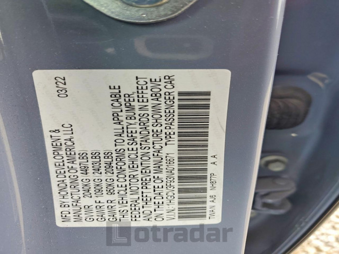 Honda Accord 2022 VIN 1HGCV3F93NA016671