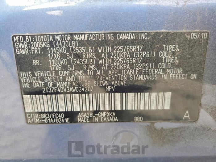 Toyota Rav4 2010 VIN 2T3ZF4DV3AW034207