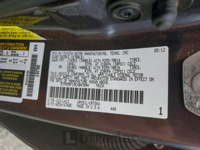 Toyota Tundra 2012 VIN 5TFRM5F19CX047094