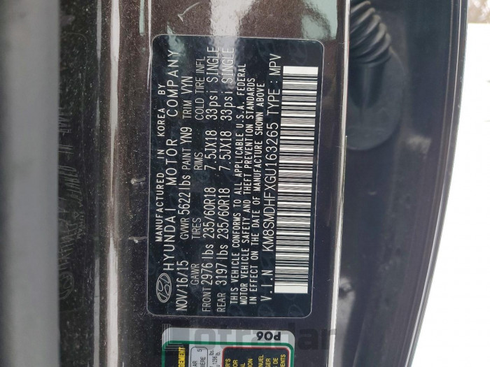 Hyundai Santa fe 2016 VIN KM8SMDHFXGU163265