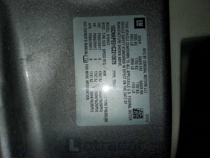 Chevrolet All models 2012 VIN 1GCNKPE01CZ213878