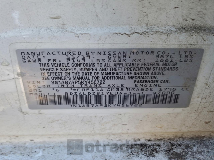 Nissan Sentra 2019 VIN 3N1AB7AP5KY456722