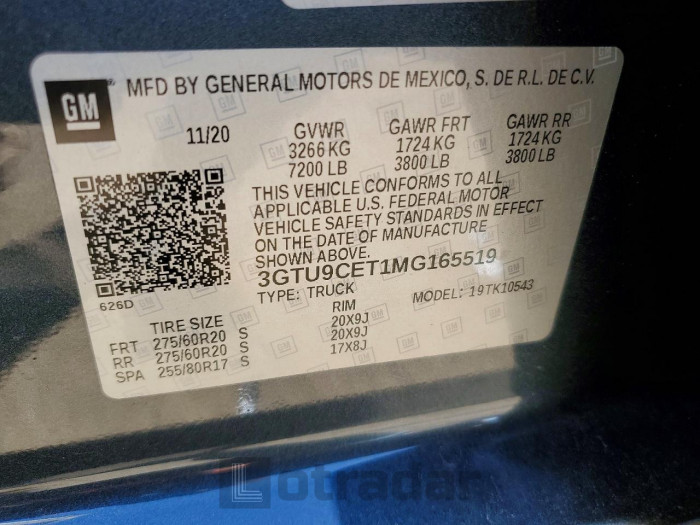 Gmc SIERRA 2021 VIN 3GTU9CET1MG165519