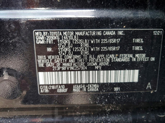 Toyota Rav4 2022 VIN 2T3P1RFV1NC257904