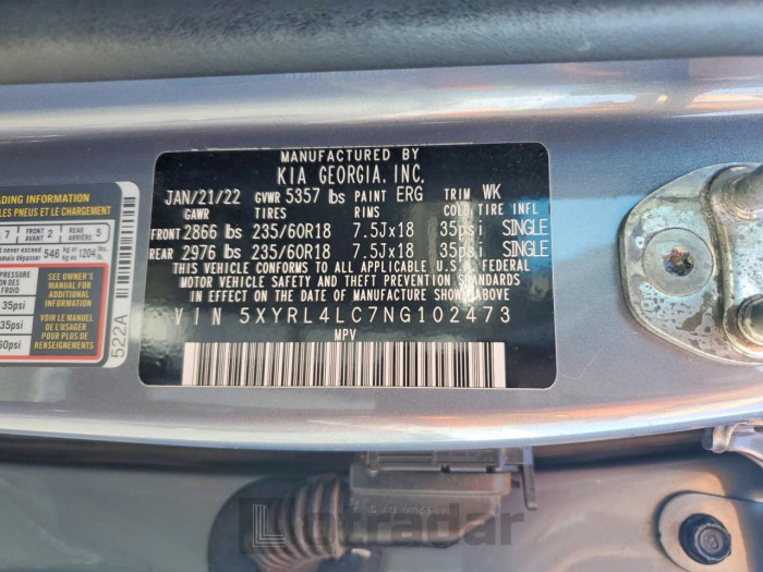 Kia Sorento 2022 VIN 5XYRL4LC7NG102473