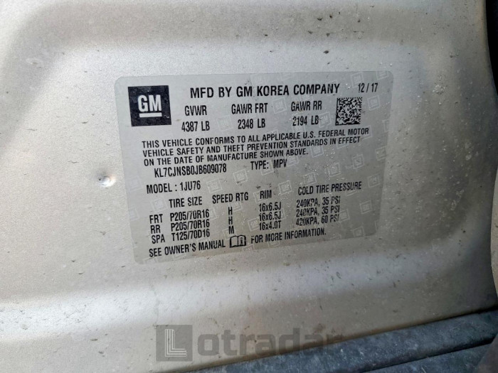 Chevrolet Trax 2018 VIN KL7CJNSB0JB609078