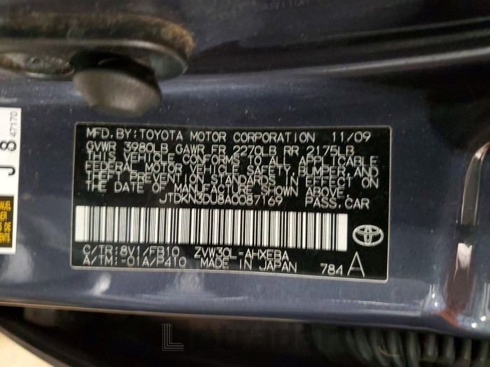 Toyota Prius 2010 VIN JTDKN3DU8A0087169