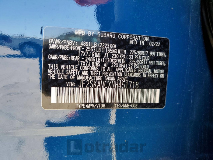 Subaru Forester 2022 VIN JF2SKAMCXNH451718